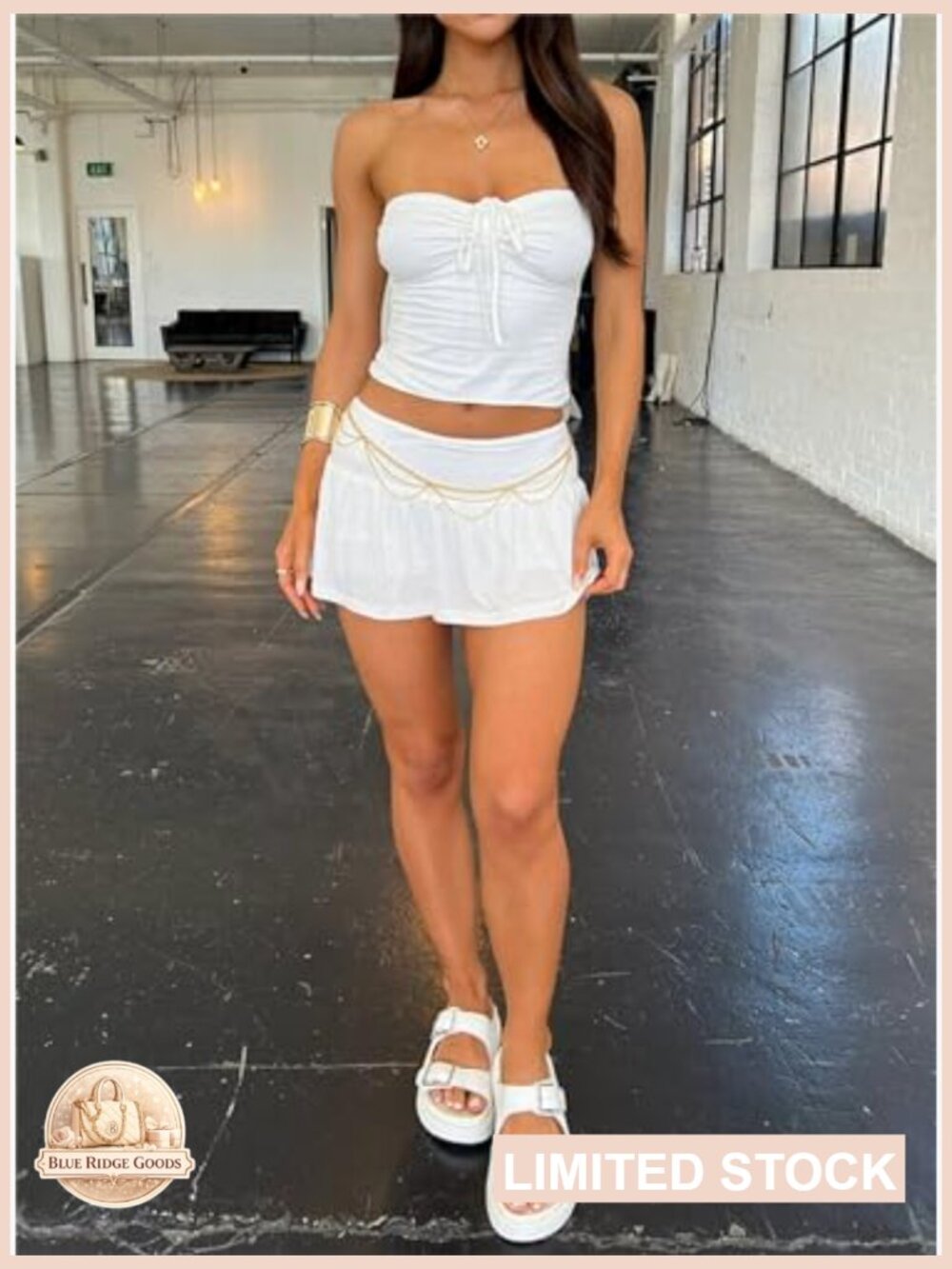 Y2K Two Piece Skirt Set Tie Ruched Tube Crop Top Low Rise Pleated Mini Skort - Picture 6 of 6